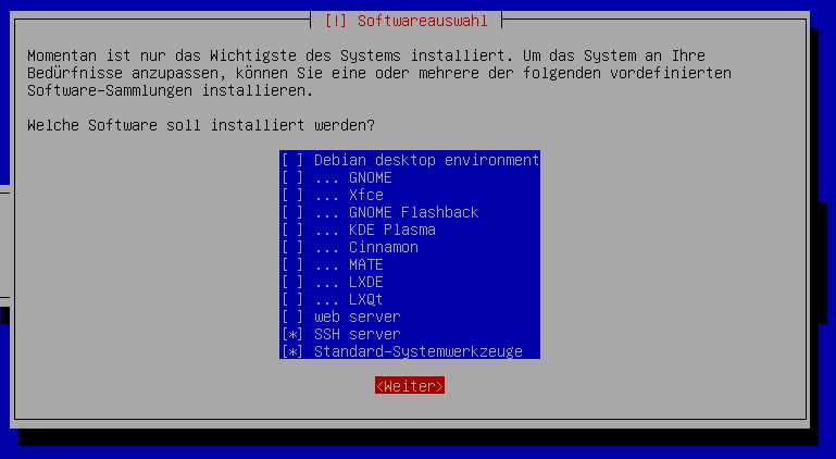# tasksel bringt dich direkt zur Softwareauswahl, falls Debian schon laufen sollte